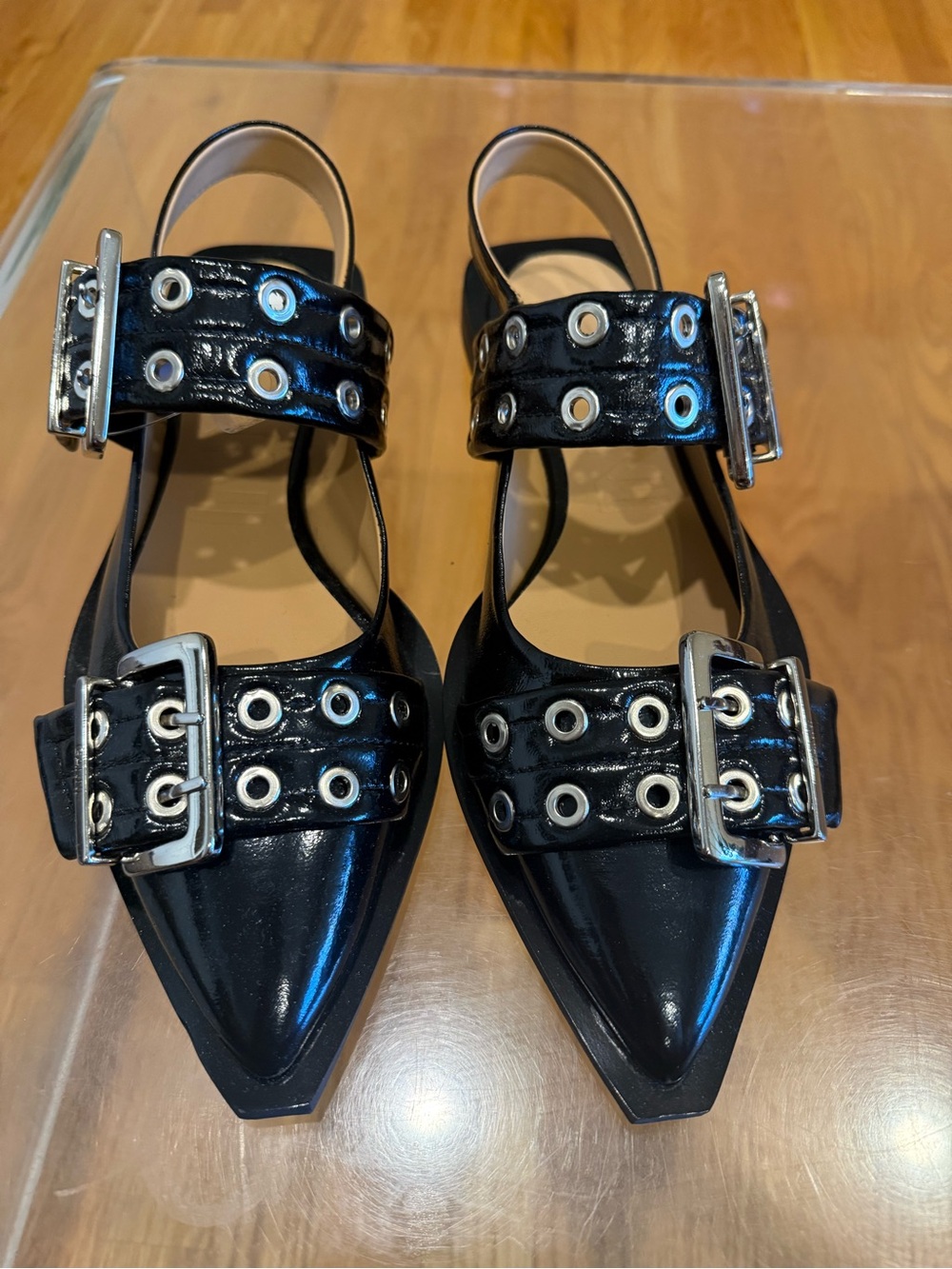 GANNI Feminine Buckle Ballerinas in Black Patent Leather